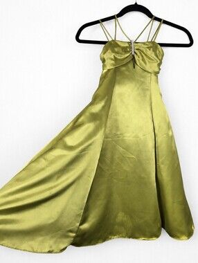 Vintage Y2K Good Girl 4 Lime Satin Flower Girl Party Dress Rhinestone Fairycore
